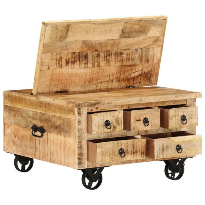 Table basse - CUQUE - 70 x 70 x 40 cm - Bois de manguier brut - 5 tiroirs - 4 roulettes en fer