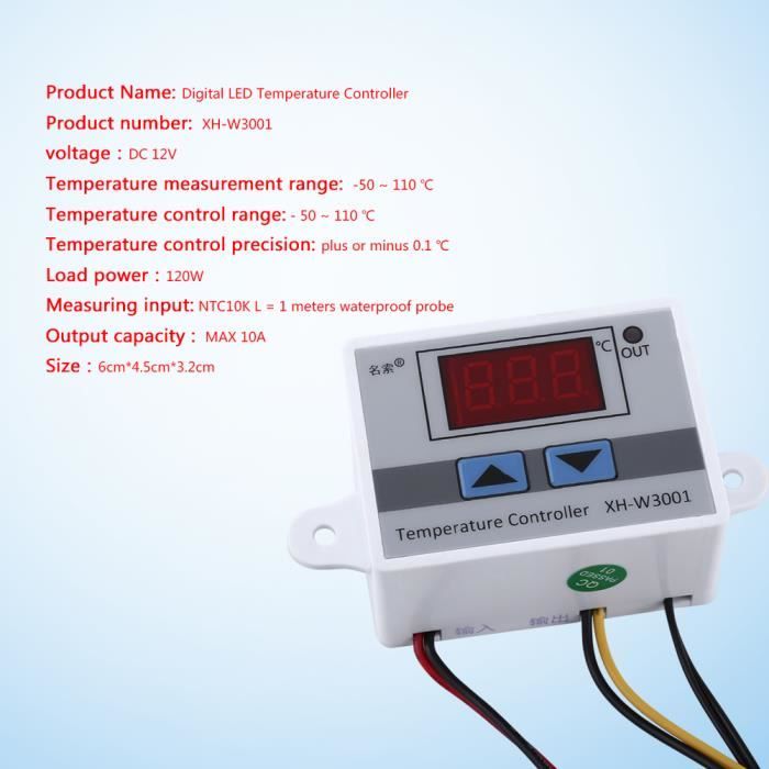 Thermostat Numérique XH-W3001 12V Avec Sonde - Plage -50 à 110°C, Précision 0,1°C - Pour Incubation, Climatisation, Contrôle