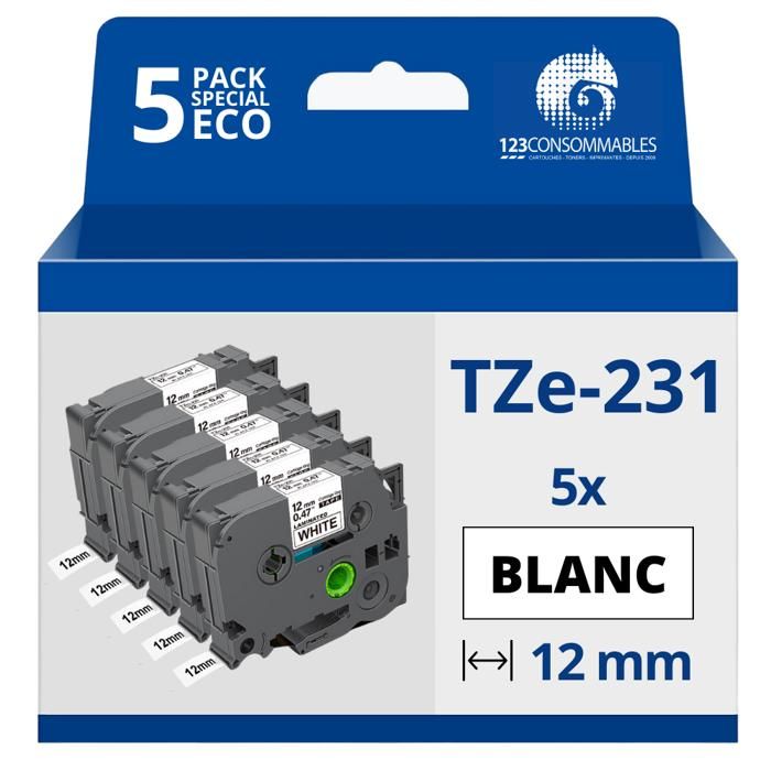 Pack de 5 Rubans adhésifs compatible avec Brother TZe 231 Texte sur fond Largeur 12 mm x 8 mètres Neuf - vue 2