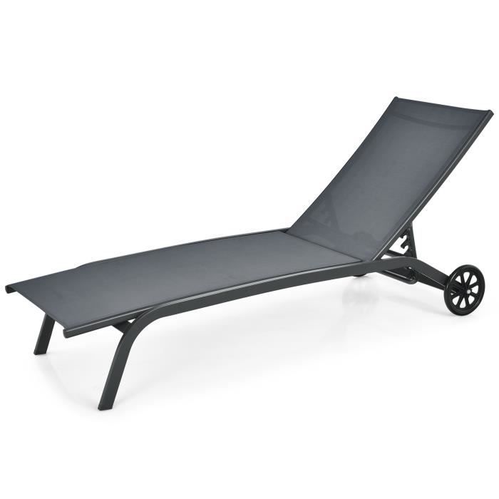 goplus chaise longue bain de soleil dossier réglable en 6 positions,charge 150kg,inclinable avec roues,pour piscine,terrasse,gris