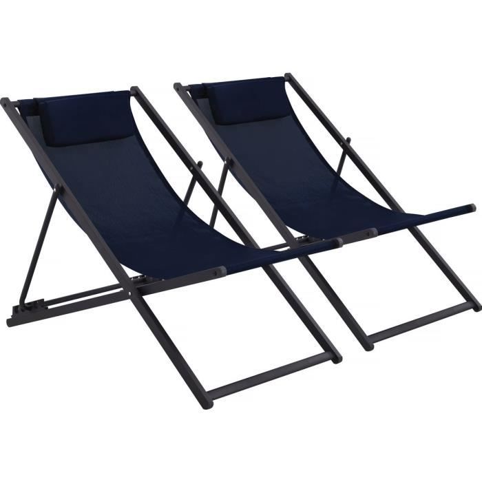Lot de 2 Chiliennes acier en Textilene - Avec têtière - Bleu nuit