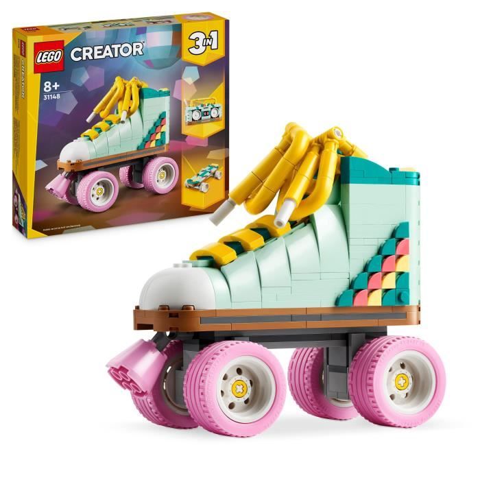 LEGO® 31148 Creator 3en1 Les Patins à Roulettes Rétro, Jouet avec Mini-Skateboard et Boombox, Décoration Rétro
