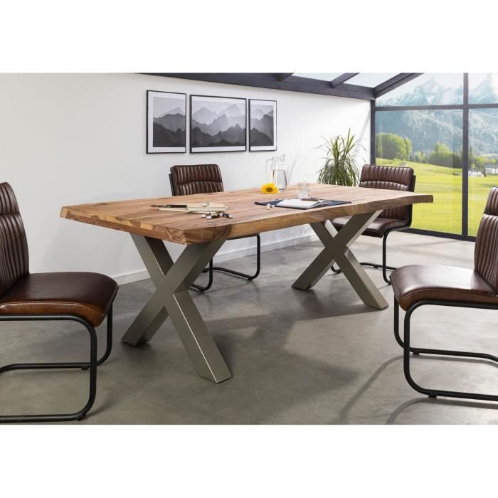 Table à manger bois massif brun piètement sculptural 180x90 cm