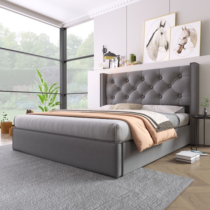 OKWISH Cadre de lit adulte 160×200cm, lit double avec tête de lit preiller et sommier à Lattes - Velours Gris (sans matelas) - Maison OKWISH Cadre de lit adulte 160×200cm, lit double avec tête de lit preiller et sommier à Lattes - Velours Gris (sans matelas) - Maison