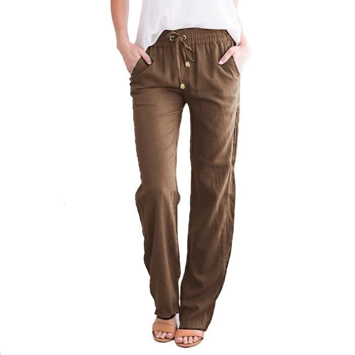 Pantalon Ample Décontracté à jambe Large en coton et Lin de couleur unie pour Femmes Marron