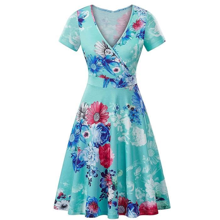 Robe col en V crois manches courtes pour femmes Vintage