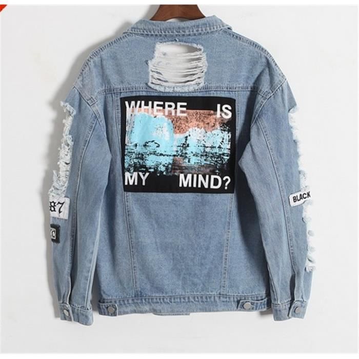Veste en jean dechiree pour femme ZHUODIKE Grande taille Effiloche Lettre Patch Streetwear Harajuku