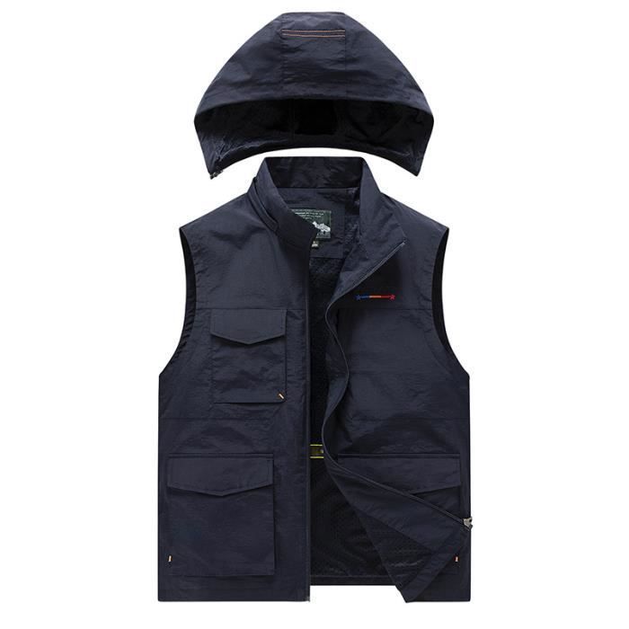Gilet Homme en Maille Multi-Poches Extérieur avec Capuche Bleu