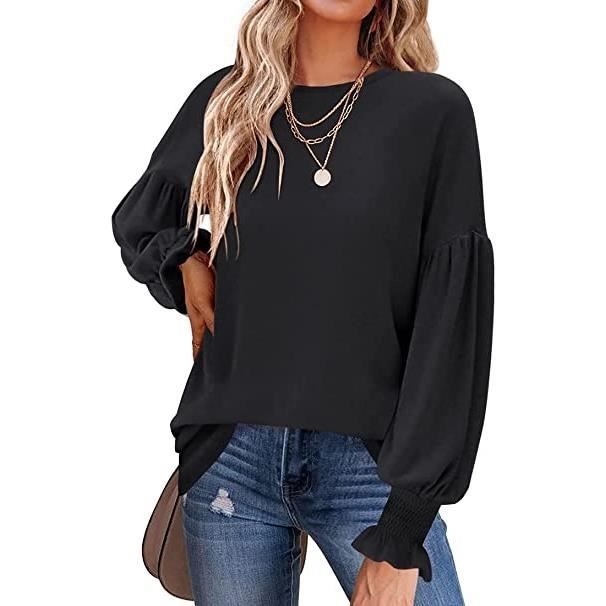 Femme T Shirt a Manches Longues Pull Style de Manche Lanterne Col Rond Chandail Decontracte Automne Hiver