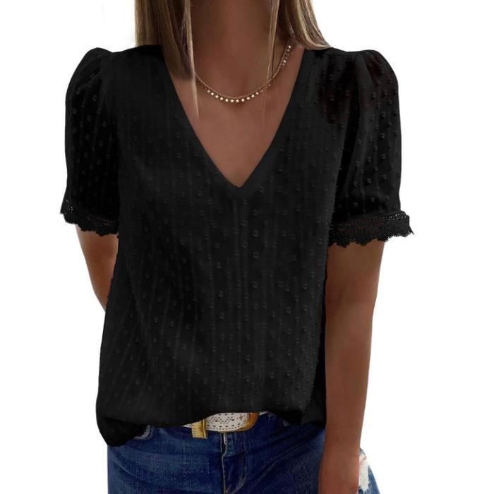 Chemisier Femme Dentelle Dcontract Col V lgant Couleur Unie lche ...