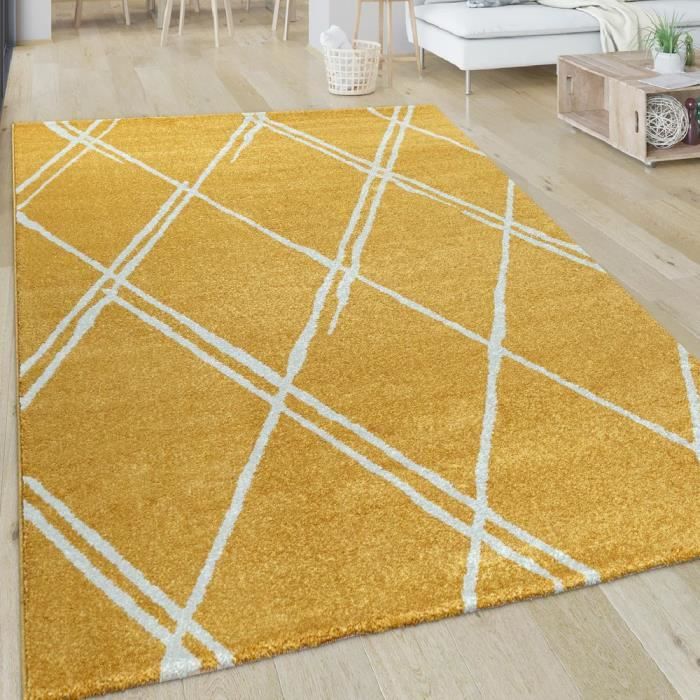 tapis de salon poils ras avec design scandinave et motif losanges blanc jaune 80x300 cm cdiscount maison