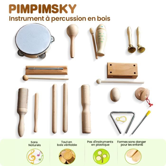 PIMPIMSKY Instruments Percussion en bois Instruments de musique Pour Enfant , Jeux Éducatif - Cadeau , Anniversaire , 23 Pcs + Sac