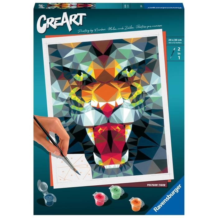 CreArt Tigre polygonal 24x30 cm - Peinture par numéros – Dès 12 ans – Ravensburger - 23514
