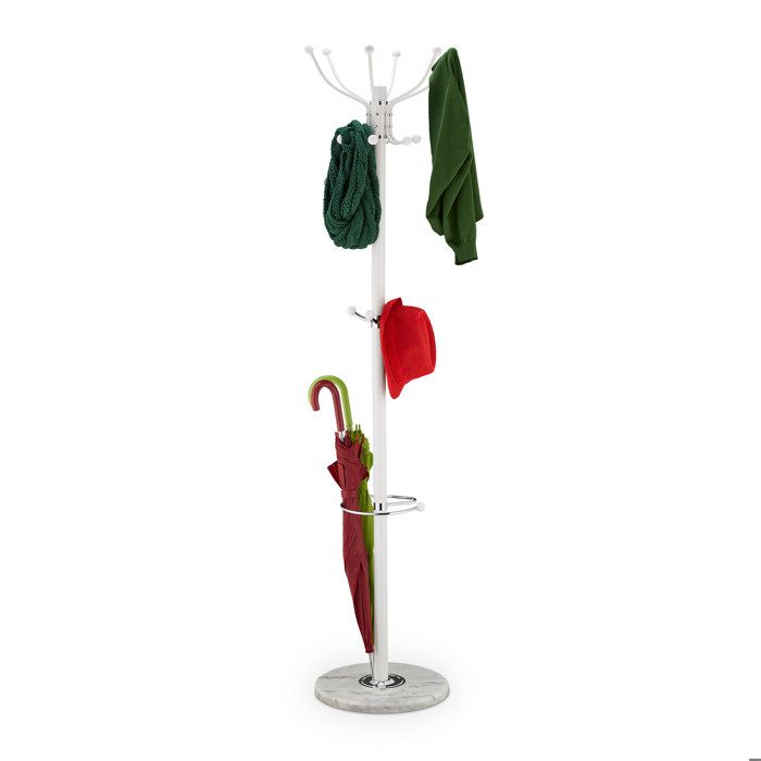 Portemanteau Relaxdays porte-parapluies 16 crochets H 176 5 x L 36 5 cm socle en marbre sur pied blanc