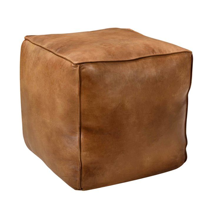 Pouf carré en cuir marron 40 cm - Arrah - Maison Pavane