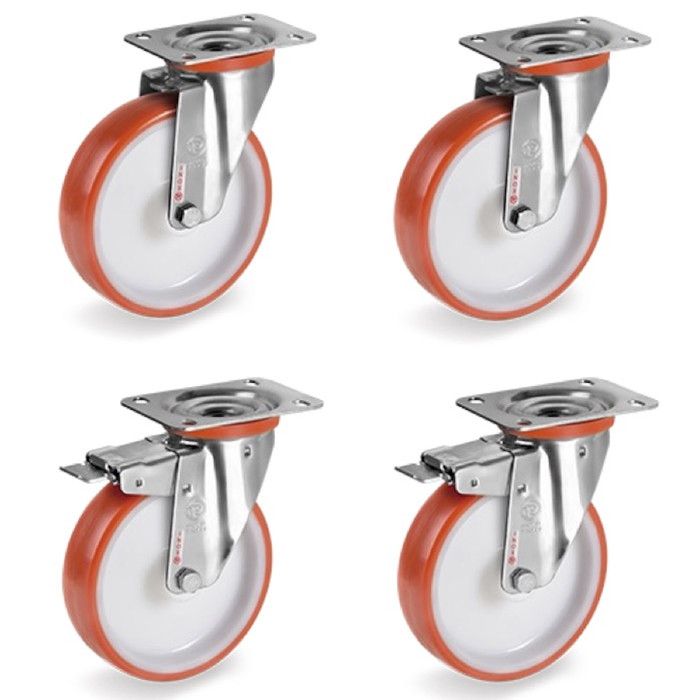 Lot De Roulettes Pivotantes En Polyuréthane Rouge - Diamètre 200 Mm - Avec Et Sans Frein - Marque HTR
