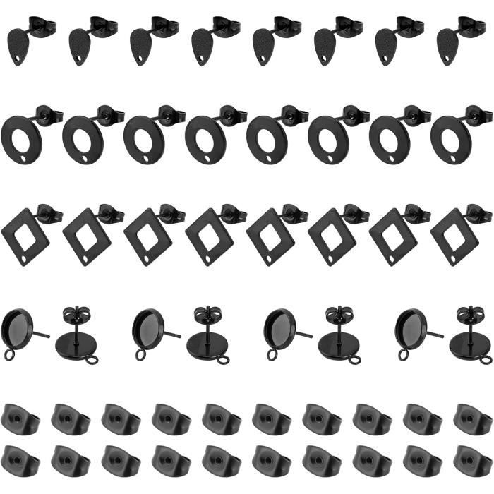 UNICRAFTALE 32 Pcs Boucles D’Oreilles Stud Noires – 4 Styles Acier Inox 304 Pour DIY