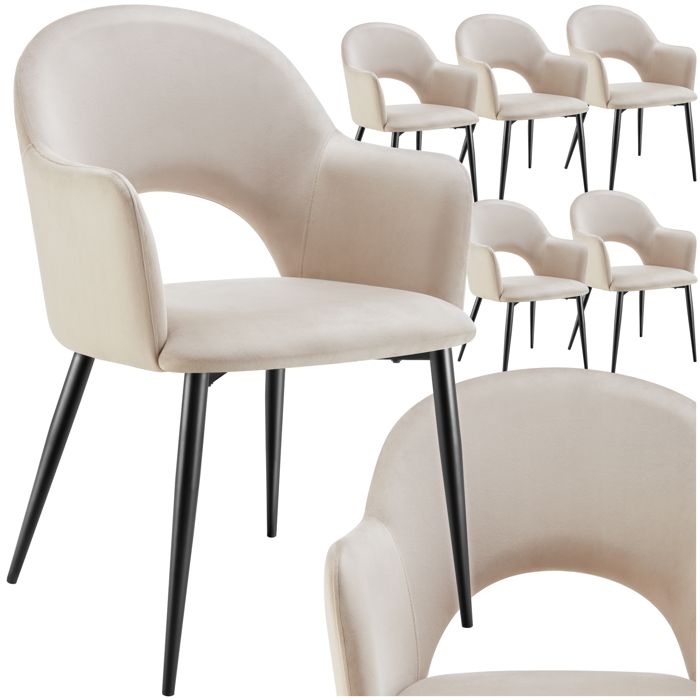 Chaise - TECTAKE - Lot de 6 fauteuils SACHEL aspect velours rembourré avec pieds en acier revêtus 57 x 615 x 875 cm - Crème