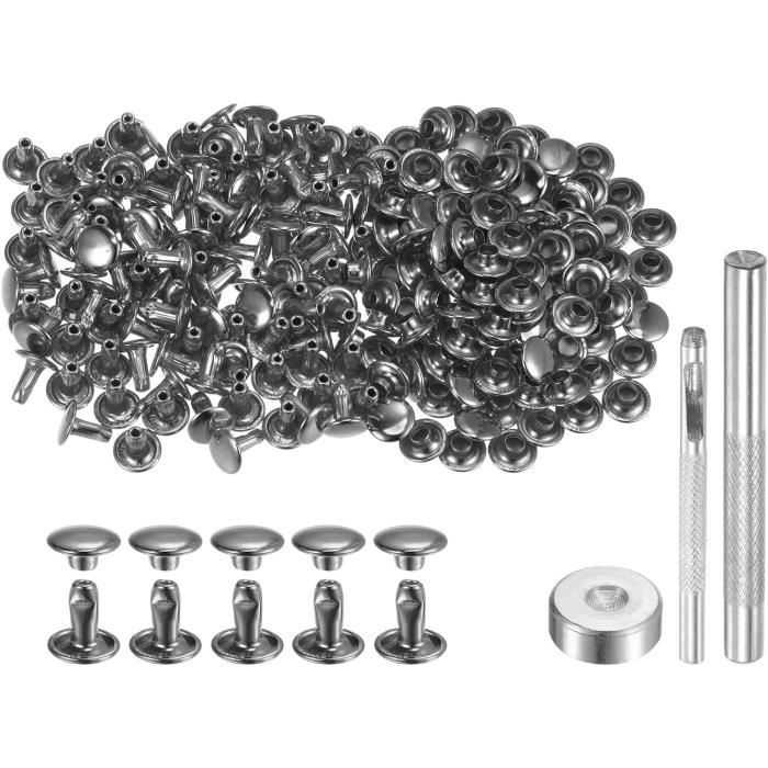 Kit de 100 rivets en cuir, rivets tubulaires à double capuchon argenté