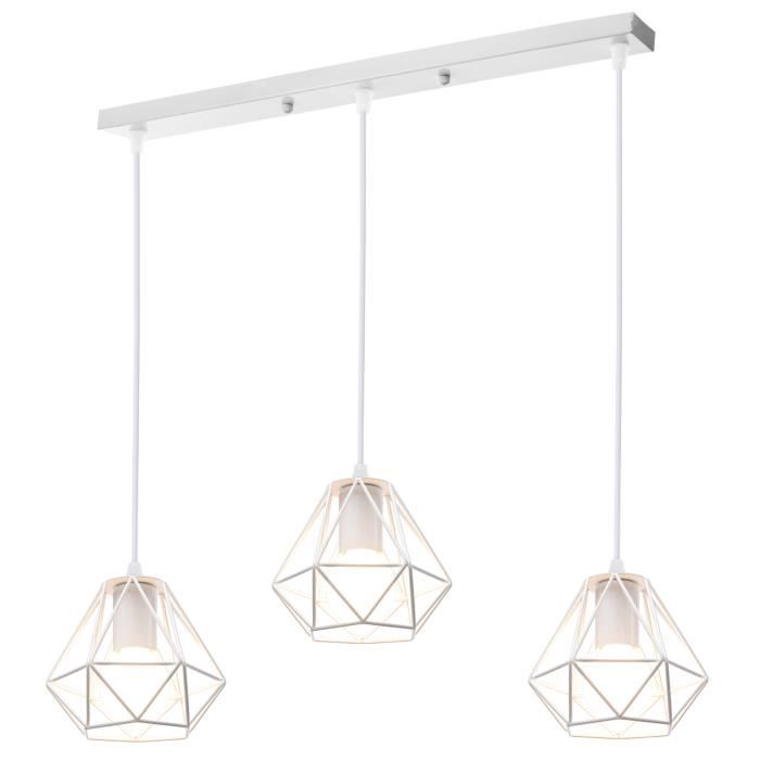 UNI Suspension Luminaire en Diamant E27 Lustre Corde Ajustable en Barre 3 Lumières Blanc