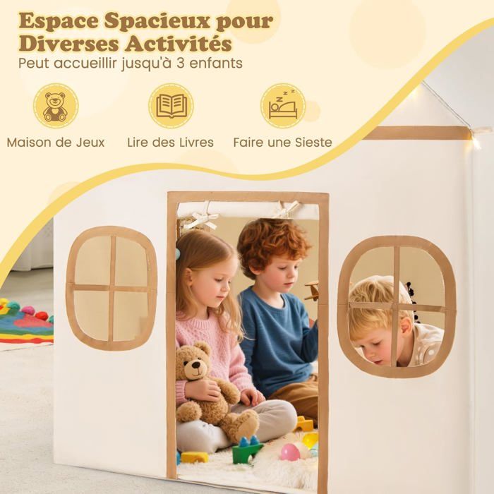 COSTWAY Tente De Jeux Enfant Rose – Cabane Princesse Avec 4 Fenêtres, Guirlandes Étoiles Lumineuses, Tapis Antidérapant Lavable