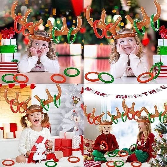 WOFEU Jeu de lancer de fête de Noël chapeau gonflable en bois de renne avec anneaux pour enfants adultes famille jeux amusants de Noël