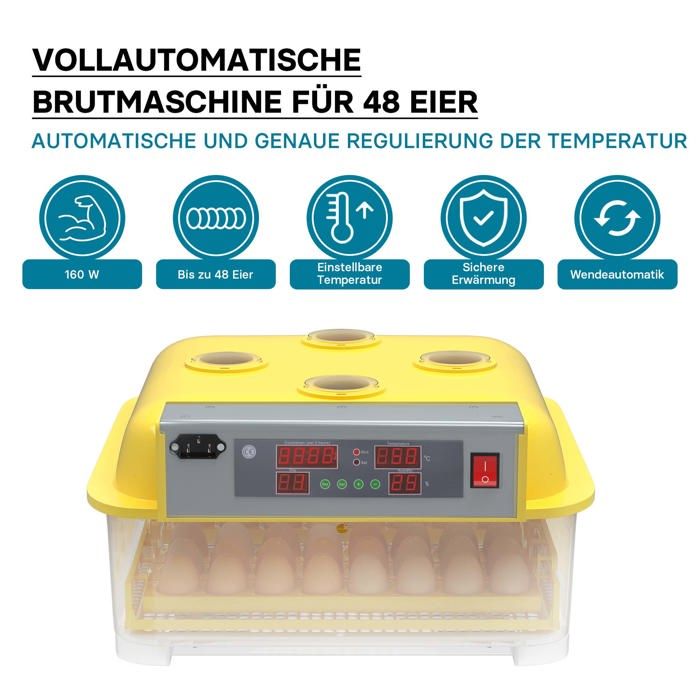 Todeco Couveuse Automatique 48 Œufs – Retournement, Humidification & Température Auto + Double Alimentation