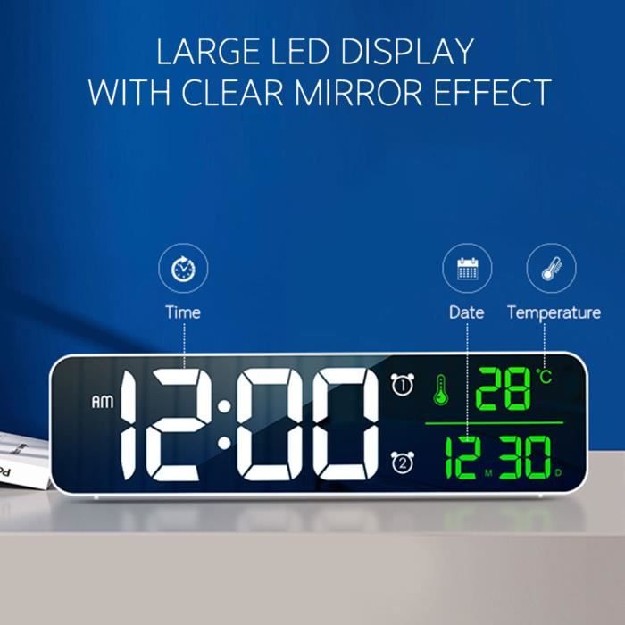 BLANC - Horloge de bureau avec calendrier, Bluetooth, USB, miroir