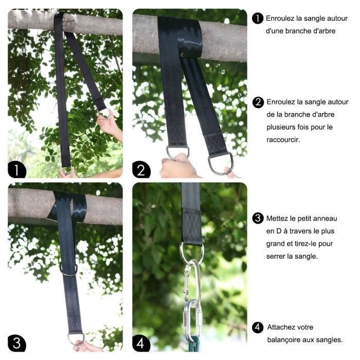 Kit Fixation Hamac Et Balançoire Arbre - 2 Sangles 100cm X 5cm Avec 2 Coussins Protection, 2 Mousquetons - Pour Jardin, Siège Suspendu