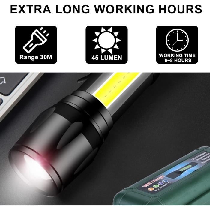 Lampe Torche LED Rechargeable Ultra Puissante 2000 Lumens - Noire