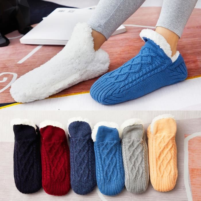 Chaussons Chaussettes Femme Homme, Chaussettes Pantoufles, Chaussette  Polaire Tricotées Antidérapantes pour Hiver Chaud