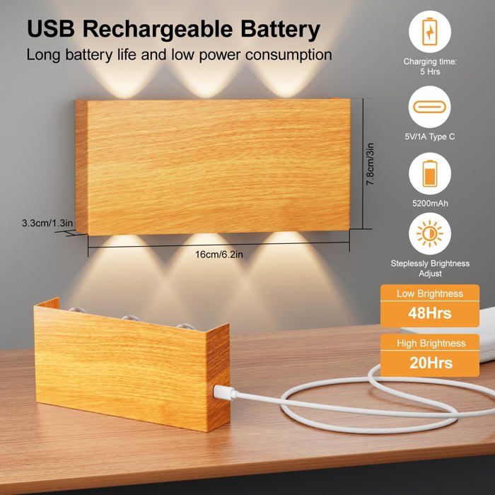 Lot De 2 Applique Murale Sans Fil Bois, Veilleuse Led Rechargeable