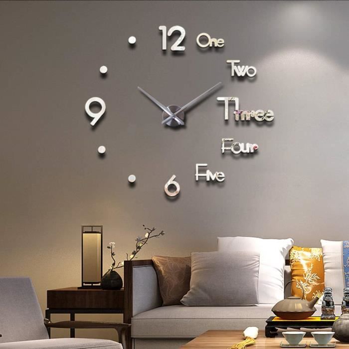 Horloge Murale 3D DIY 70 à 130 Cm Noire - Sans Cadre, À Coller, Mécanisme Silencieux, Décoration Moderne Salon Chambre Bureau