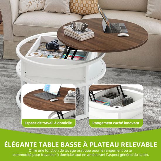 Table basse ronde et transformable FRÉJUS relevable avec un plateau Table basse ronde et transformable FRÉJUS relevable avec un plateau