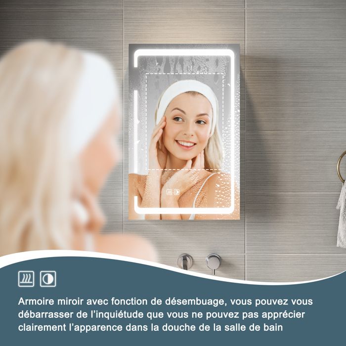 Armoire De Toilette Avec Miroir Et éclairage LED IP44 - Blanc 50x60x18.7cm, 3 étagères, Fermeture Douce