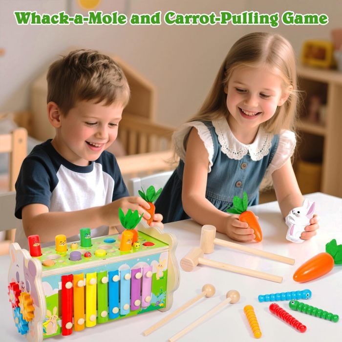Jouet Montessori 8 En 1 En Bois – Xylophone, Pêche, Marteau, Engrenages – Dès 1 An