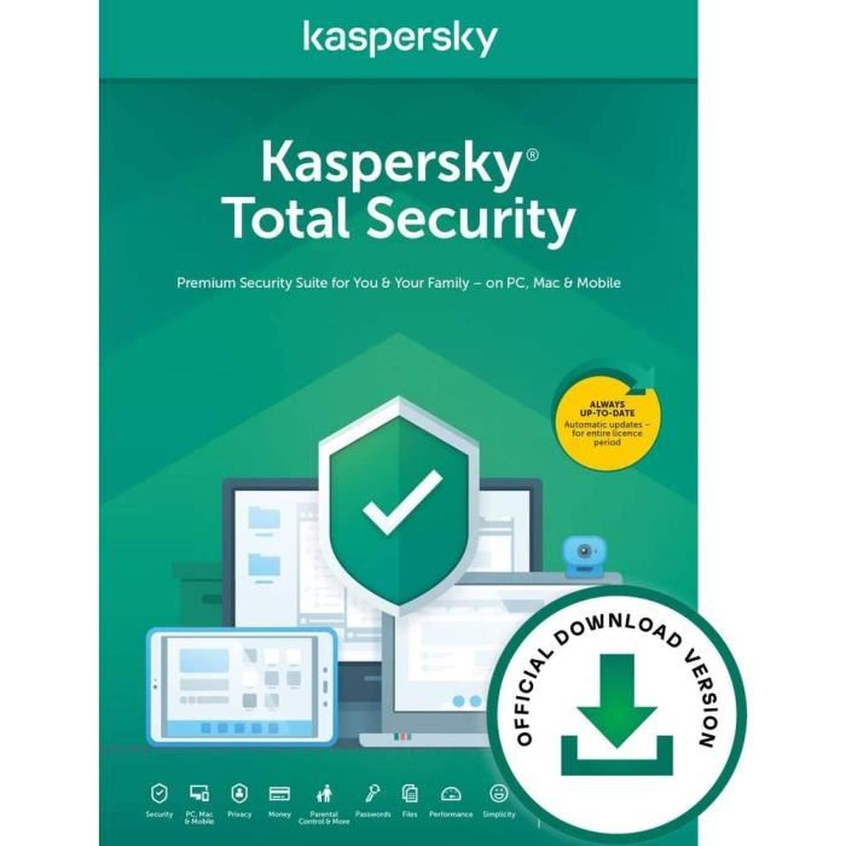 Kaspersky Total Security 2022 Antivirus VPN sécurisé PC/Mac/Android (1 Poste 1 An) Version