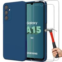 Coque Silicone pour Samsung Galaxy A15 5G-4G - Protection Ultra Slim Anti-Rayures Bleu Marine + 2 Verres Trempés