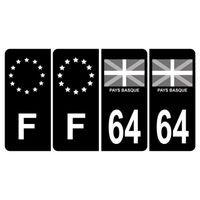 Lot de 4 Autocollants Sticker Plaque d'immatriculation Voiture 64 Pays Basque Noir & F Europe
