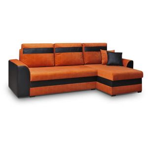 CANAPE CONVERTIBLE Canapé d'angle réversible et convertible avec coffre de rangement - 4 places - Tissu orange et simili noir - TOMMY