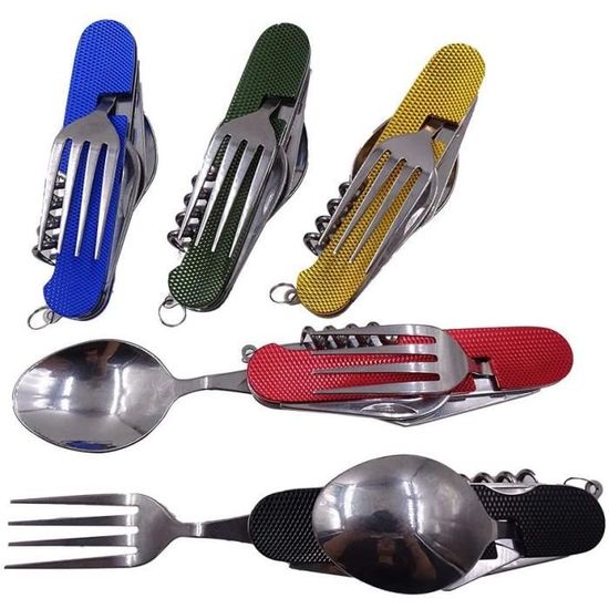 Couverts De Camping Pliables 3 En 1 En Acier Inox - Fourchette, Couteau, Cuillère Amovibles - Noir