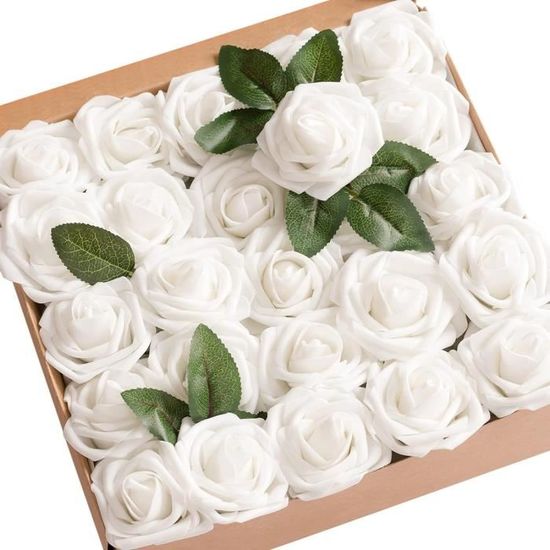 Roses Artificielles Bodosac - Lot De 50 + 15 Feuilles - Mousse Latex Ivoire 7.6cm