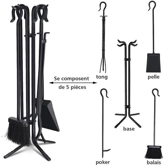Set Serviteur Cheminée Relaxdays 5 Pièces - Tisonnier, Pelle, Balayette, Pince Et Support Noir