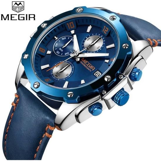 Montre Homme MEGIR Luxe Chronographe Date Bracelet en Cuir Montre Bracelet Sport Bleu Classique Achat vente montre Homme Adulte Bleu Cuir Neuf Cdiscount