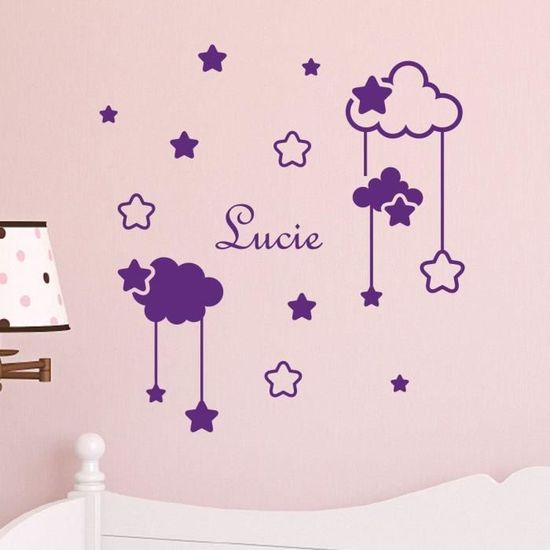 Autocollant mural ourson et lune avec nom tons pastel