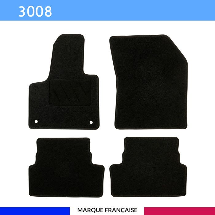 Tapis de sol voiture - Sur mesure pour Peugeot 3008 (10/2016-11/2020) - Moquette Antidérapante - Clips et Scratch - 4 pièces