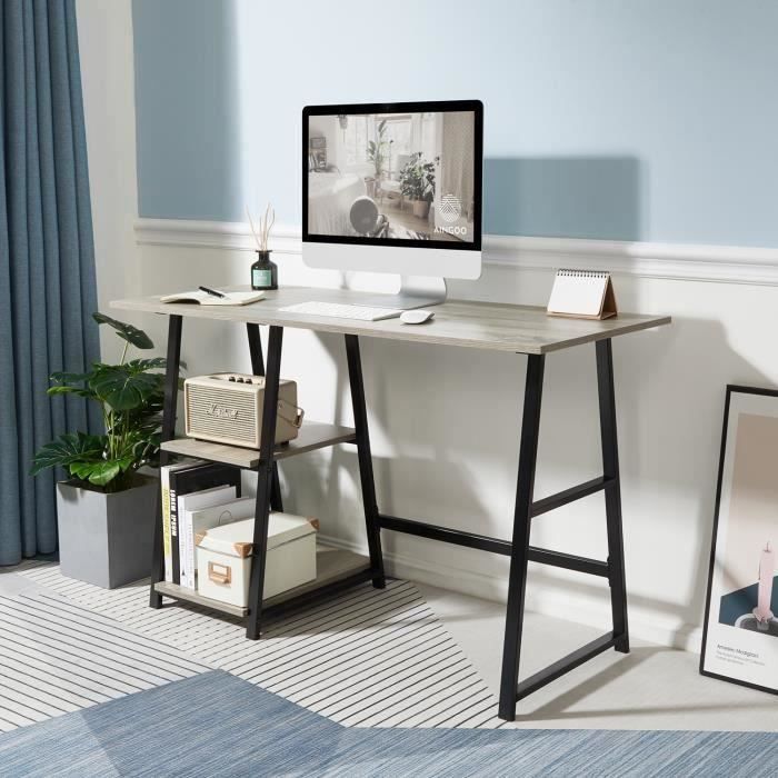 AINGOO Bureau avec rangement de 2 niches - Pied en métal noir - Plateau en MDF - L120 x P 50 x H 74 cm