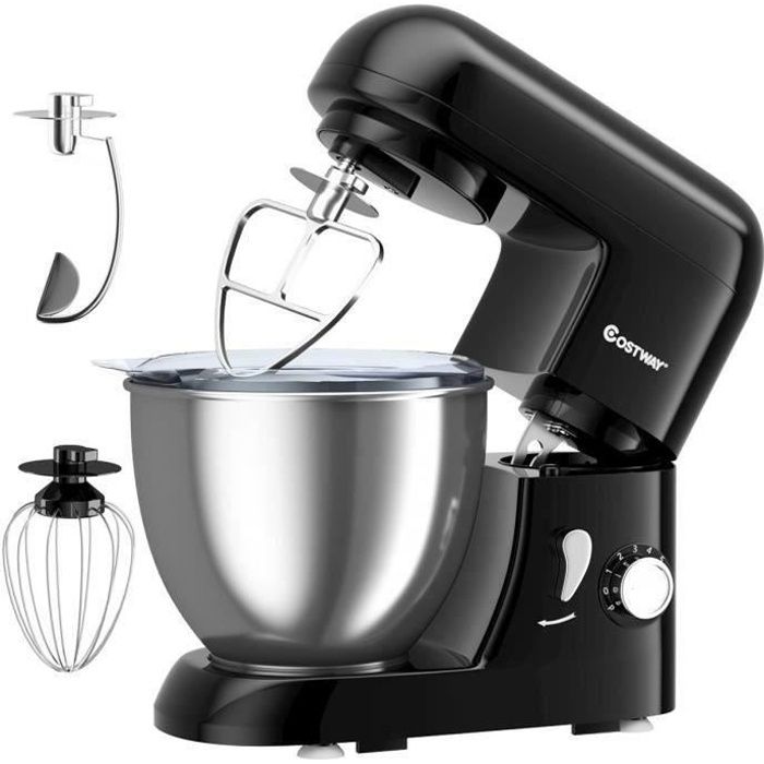 COSTWAY Robot Pâtissier avec Bol 4L en Acier Inox 1300W Batteur Electrique à 6 Vitesses Réglables avec Batteur,Fouet,Crochet Noir