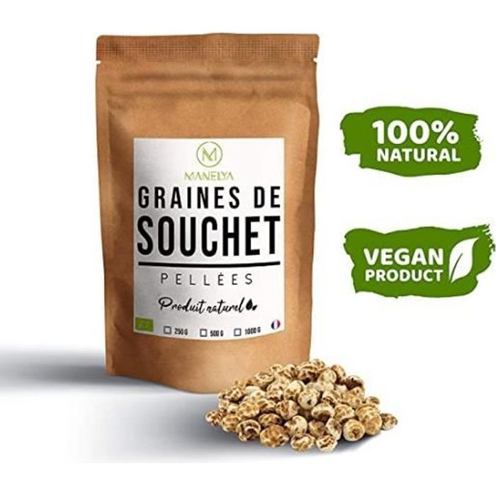 Manelya, graine de souchet, noix tigrée, amande de terre, sous forme pelée et décortiquée, Vendue sous sachet de 250g