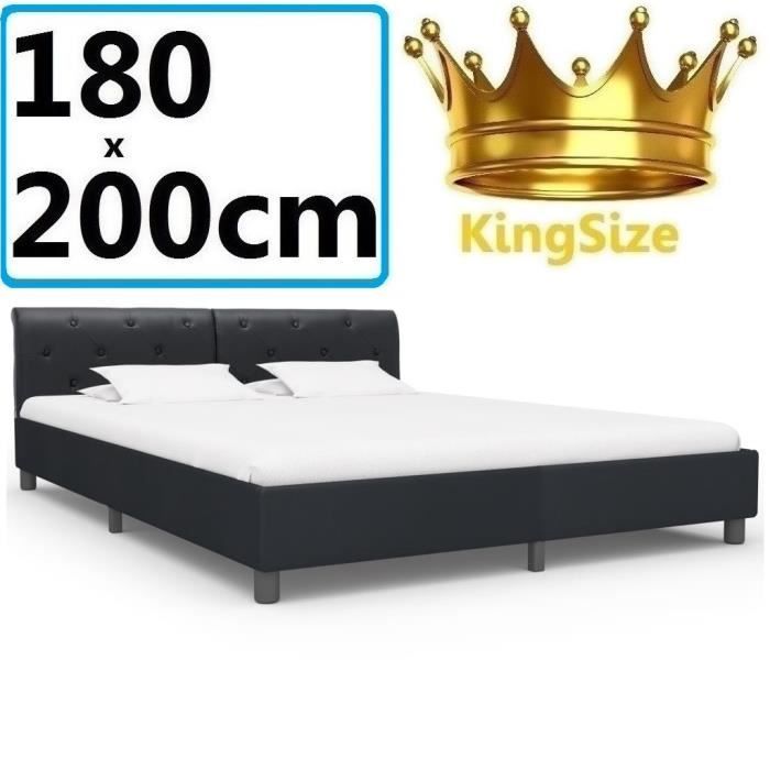 Lit KingSize Sommier 180x200cm cuir artificiel grand adulte Chambre invité design avec dossier Noir luxe style
